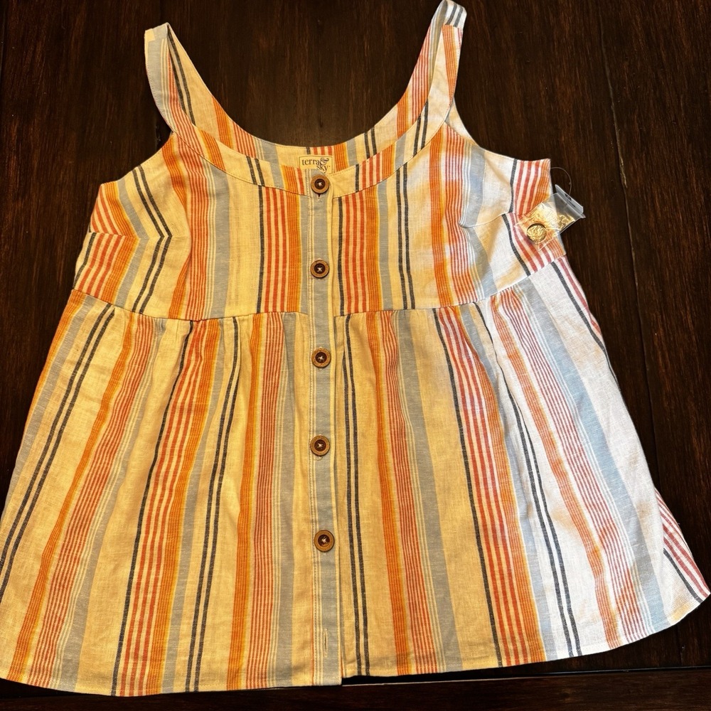 Terra & Sky Womens 0X 14W Linen Blend Sleeveless Top Striped Shirt‎ Button Front